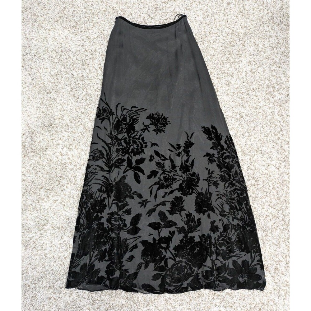 Womens Black Maxi Skirt Size 4 Rayon Silk Velvet Stamped Flowers - Picture 9 of 11